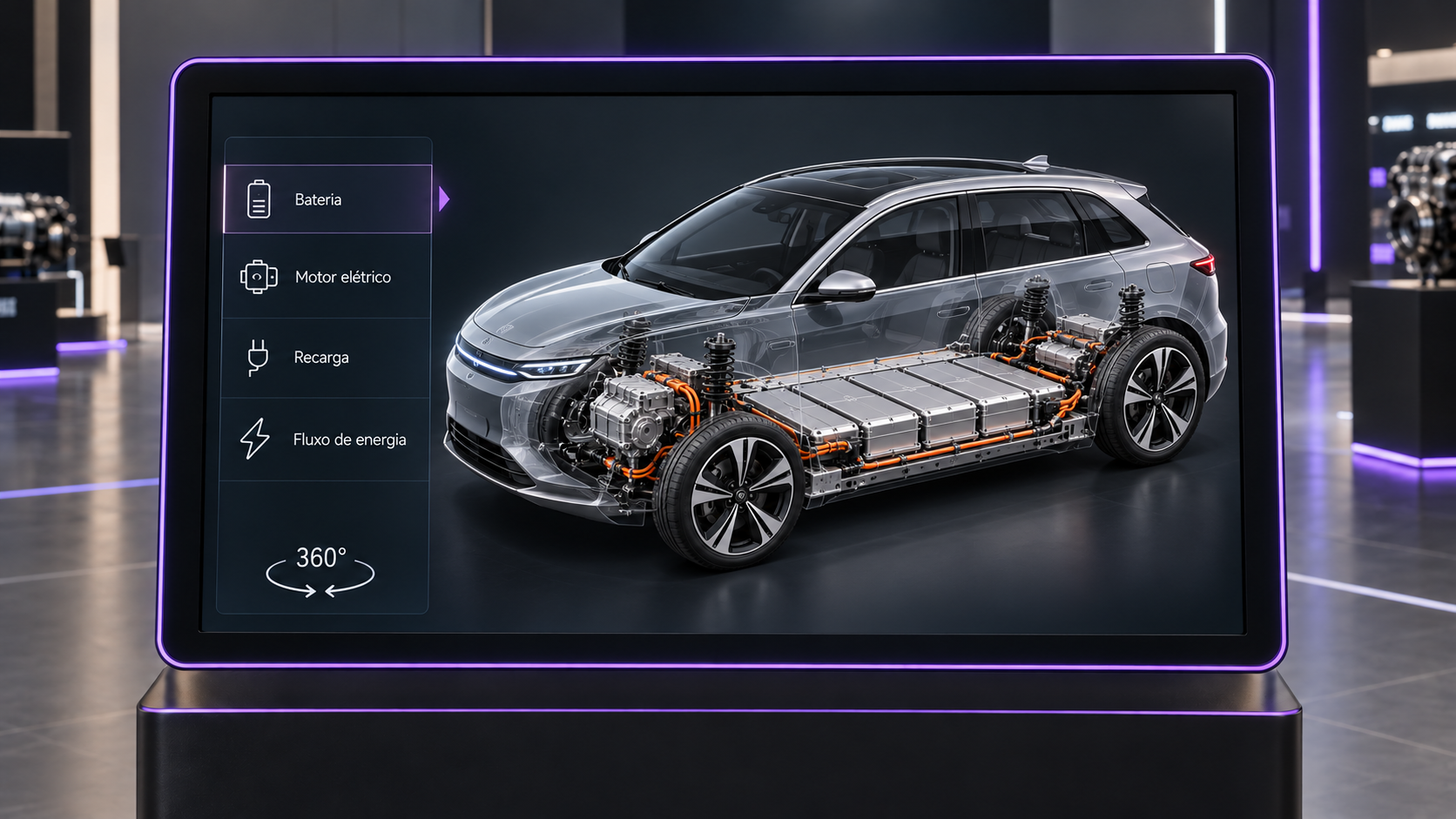Showroom digital conceitual com carro elétrico em corte, bateria sob o assoalho e motor de tração.