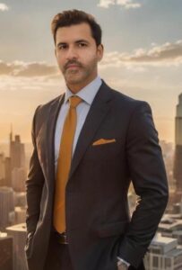 a man standing on a rooftop with a city in the background