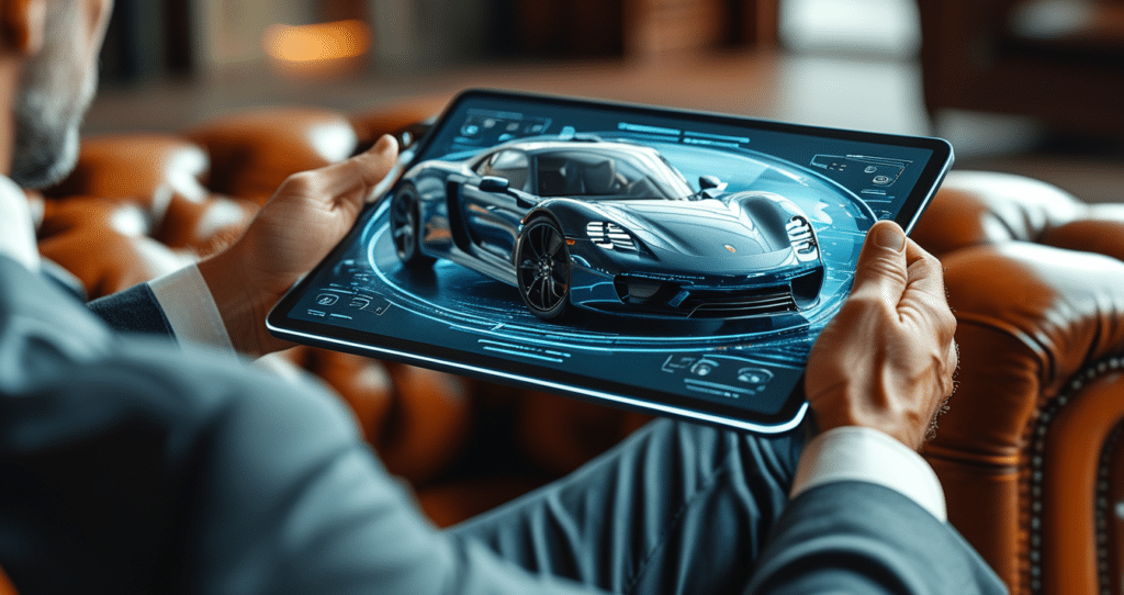 a person holding a tablet with a sports car on it