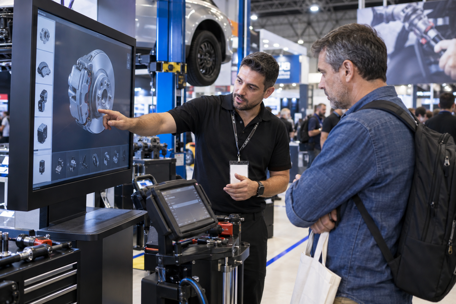 Vendedor demonstra uma autopeça em 3D em quiosque interativo para visitante de feira de reparação automotiva.