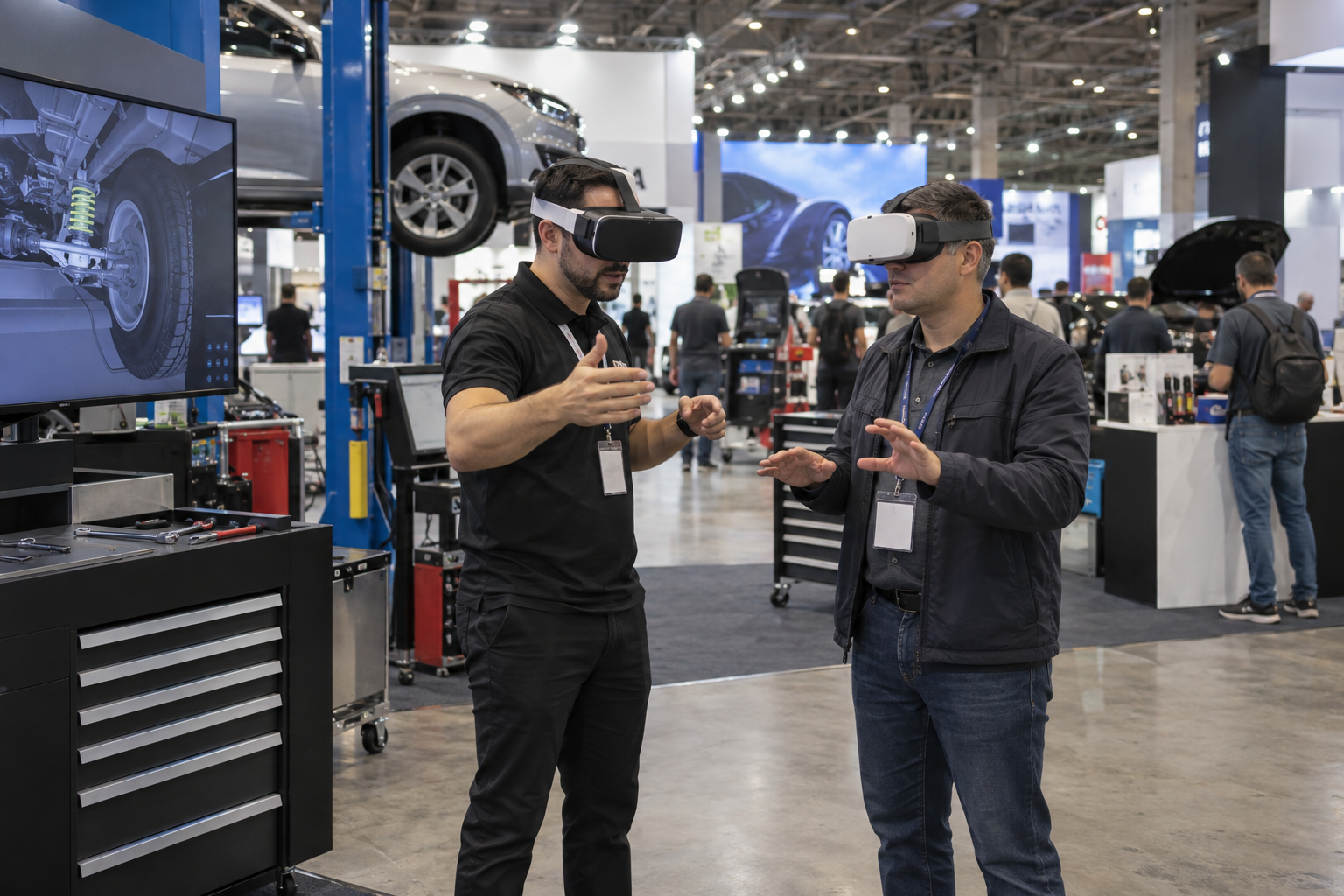 Especialista e visitante usam realidade virtual durante demonstração de tecnologia em estande de reparação automotiva.